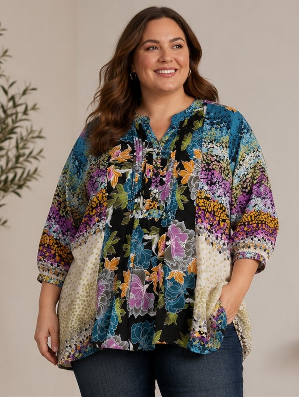 Ulla Popken Blouse Henley Button Plus Size 28 / 30 Floral Artsy Boho Colorful